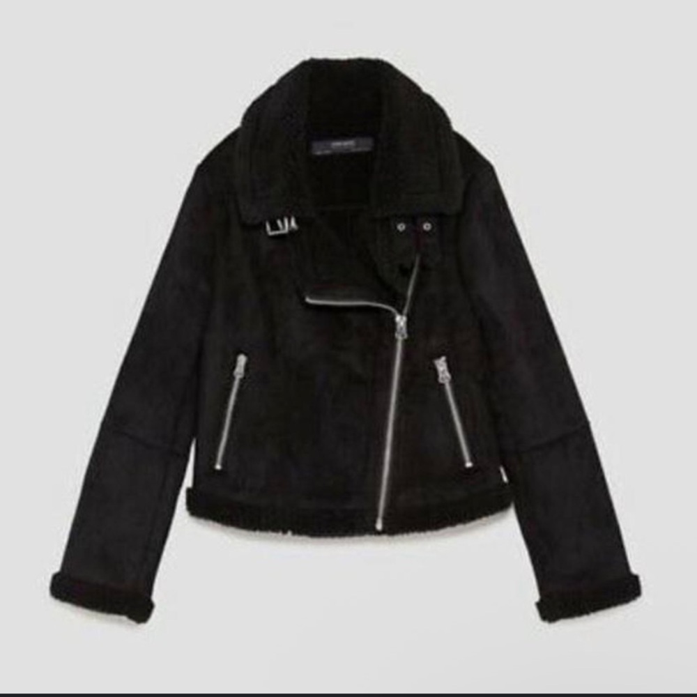 Zara black shearling moto jacket $120 M classic fall casual black coat boho $120 - Picture 1 of 6